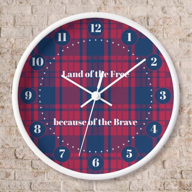 Tartan - Patriotic - Red Blue White Stars Uhr (Patriotic Tartan with Stars Wall clock by Leapfroglisics Shop)