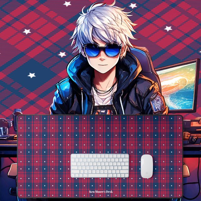 Tartan - Patriotique - Bleu Rouge Étoiles Blanches (Tartan - Patriotic - Red Blue White Stars Desk Mat by Leapfroglisics Shop)