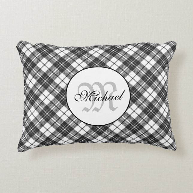 Tartan pattern Christmas Schwarz-weiß Monogram Dekokissen (Vorderseite)