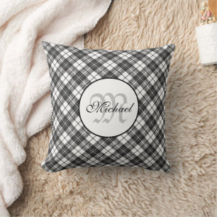 Tartan pattern Christmas Schwarz-weiß Monogram Kissen