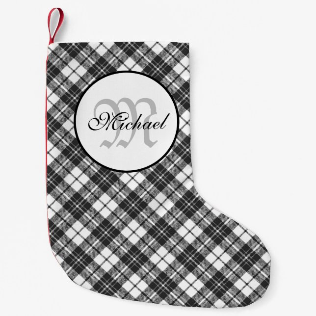 Tartan pattern Christmas Schwarz-weiß Monogram Kleiner Weihnachtsstrumpf (Vorderseite)