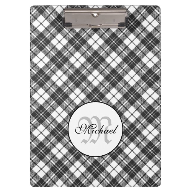 Tartan pattern Christmas Schwarz-weiß Monogram Klemmbrett (Vorderseite)