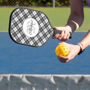 Tartan pattern Christmas Schwarz-weiß Monogram Pickleball Schläger