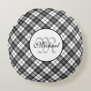 Tartan pattern Christmas Schwarz-weiß Monogram Rundes Kissen