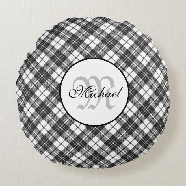 Tartan pattern Christmas Schwarz-weiß Monogram Rundes Kissen (Vorderseite)