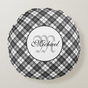 Tartan pattern Christmas Schwarz-weiß Monogram Rundes Kissen