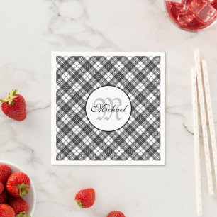 Tartan pattern Christmas Schwarz-weiß Monogram Serviette