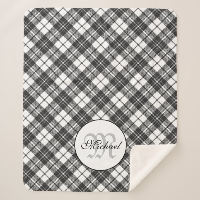 Tartan pattern Christmas Schwarz-weiß Monogram Sherpadecke (Vorderseite)
