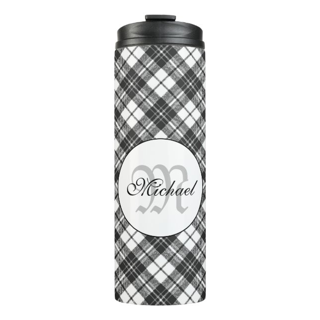Tartan pattern Christmas Schwarz-weiß Monogram Thermosbecher (Vorderseite)