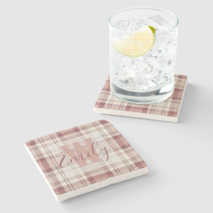 Tartan Pink Cream Monogram Steinuntersetzer
