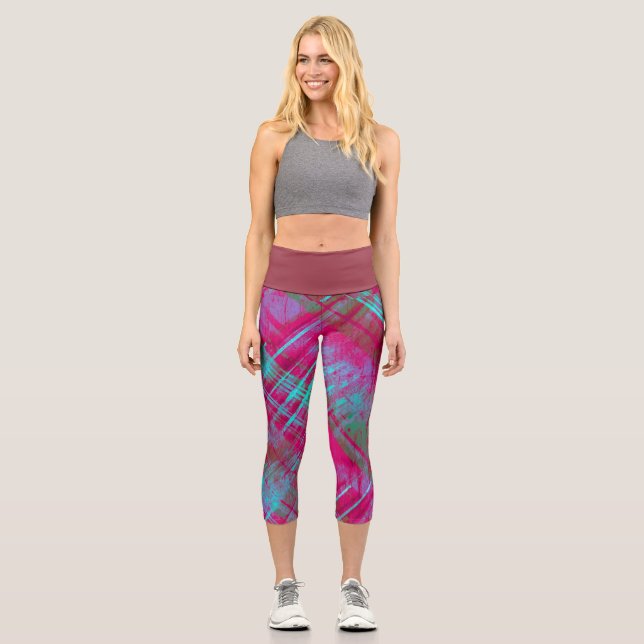 Tartan Pink Lila Aqua Kariert Maroon Waistband Capri Leggings (Vorderseite)