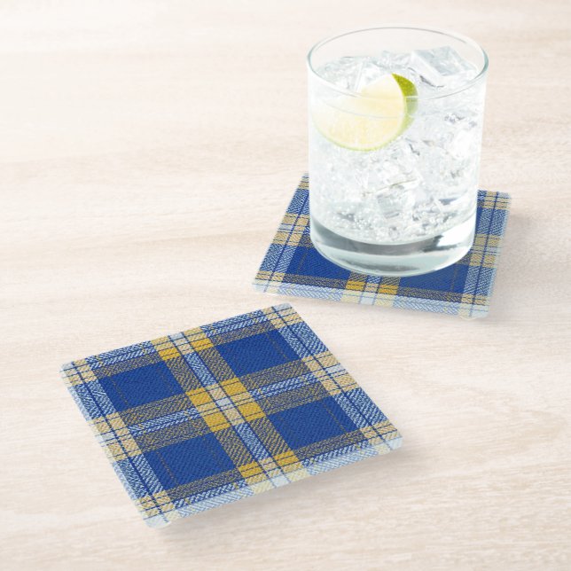 Tartan Plaid Blue and Yellow Glass Drinks Coaster Glasuntersetzer (Schrägansicht)