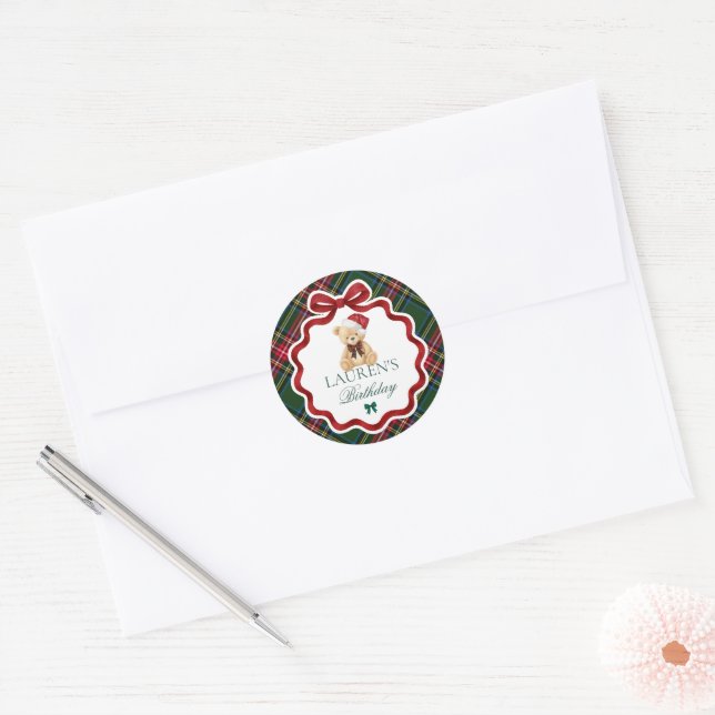 Tartan Plaid Christmas Bear Birthday Envelope Seal Runder Aufkleber (Umschlag)