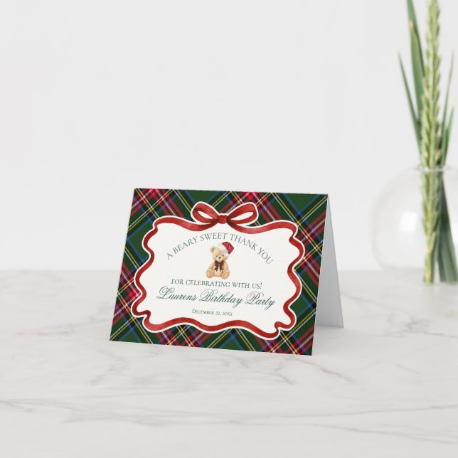 Tartan Plaid Christmas Bear Birthday Thank You  Dankeskarte (Vorderseite)