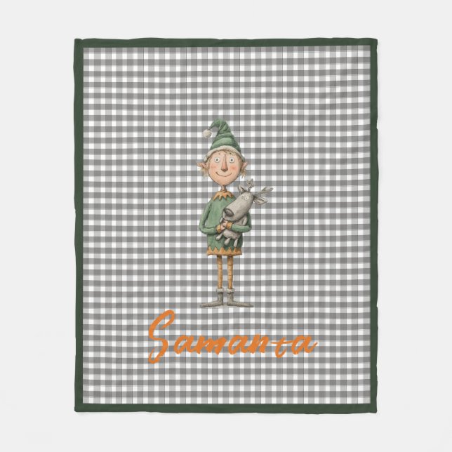 Tartan plaid christmas elf reideer grey white name fleecedecke (Vorderseite)