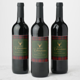 Tartan Plaid Merry Christmas Family Weinetikett