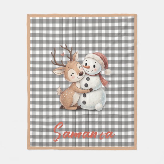 Tartan plaid reindeer snowman grey white name fleecedecke (Vorderseite)