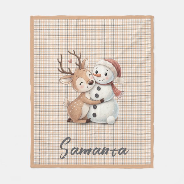 Tartan plaid reindeer snowman orange beige name fleecedecke (Vorderseite)