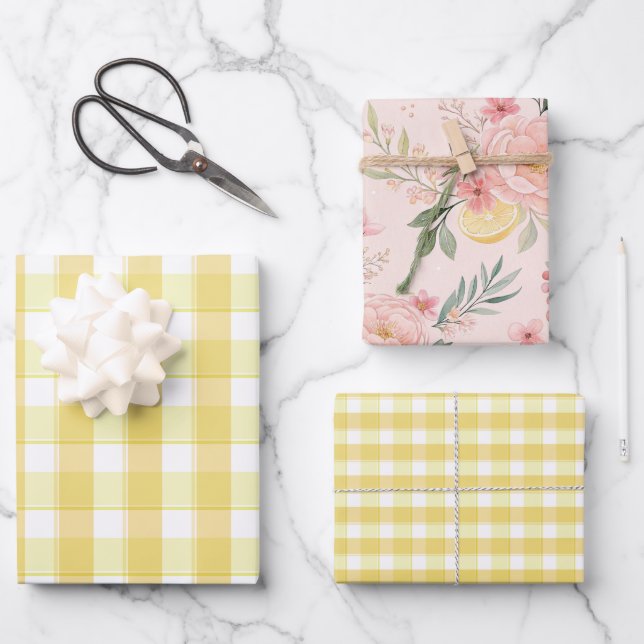 Tartan rose lemon yellow set wrapping paper geschenkpapier set (Vorderseite)