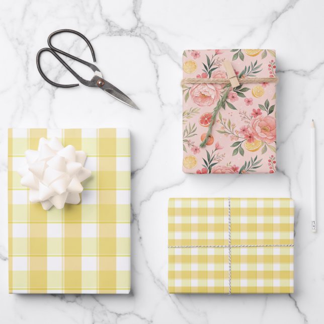 Tartan rose lemon yellow set wrapping paper geschenkpapier set (Vorderseite)