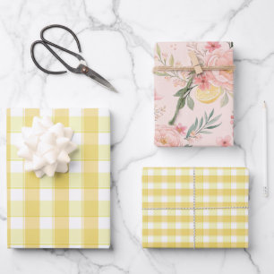Tartan-Rosen-Lemongelb-Set-Geschenkpapier Geschenkpapier Set