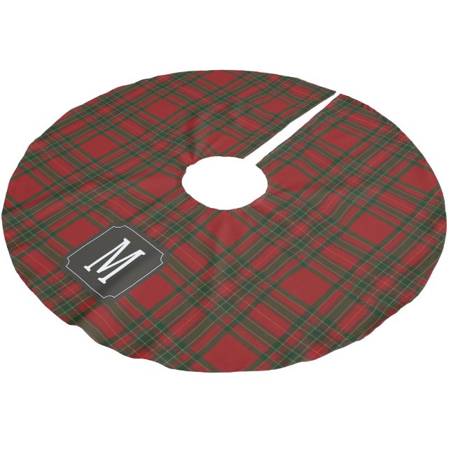 Tartan Rot Grün Monogramm Polyester Weihnachtsbaumdecke (Schrägansicht)