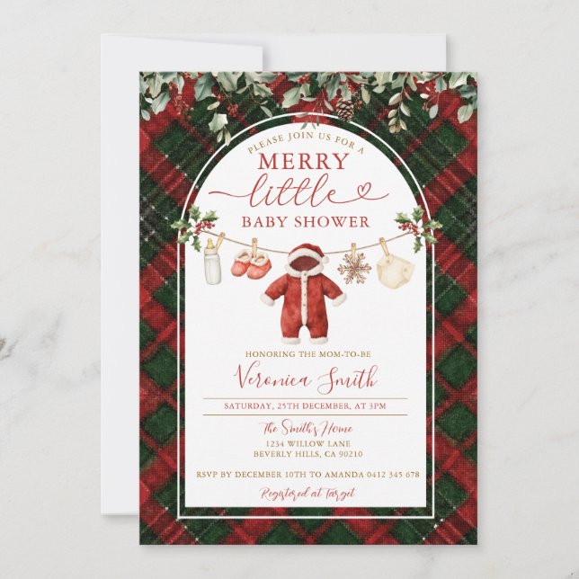 Tartan Santa Clothesline Merry Little Baby Shower Einladung (Vorderseite)