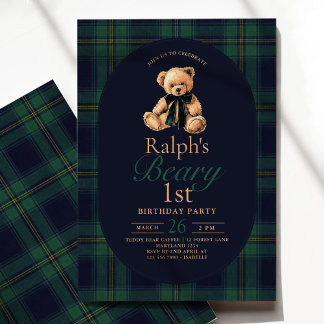Tartan-Teddybär 1. Geburtstag Einladung