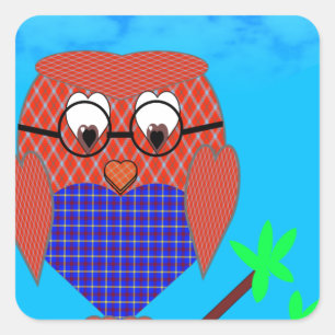 Tartan und Herz Owl Quadratischer Aufkleber