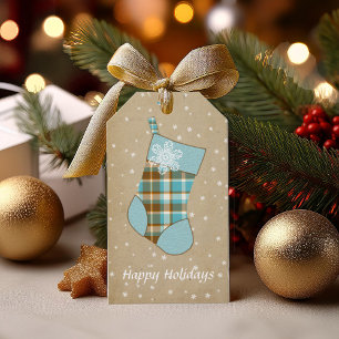 Tartan Weihnachts-Strumpf Türkis und Gold ID209 Geschenkanhänger