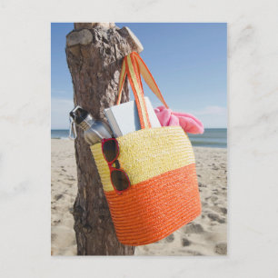 Tasche am Sandy Beach auf Baumstamm Postkarte
