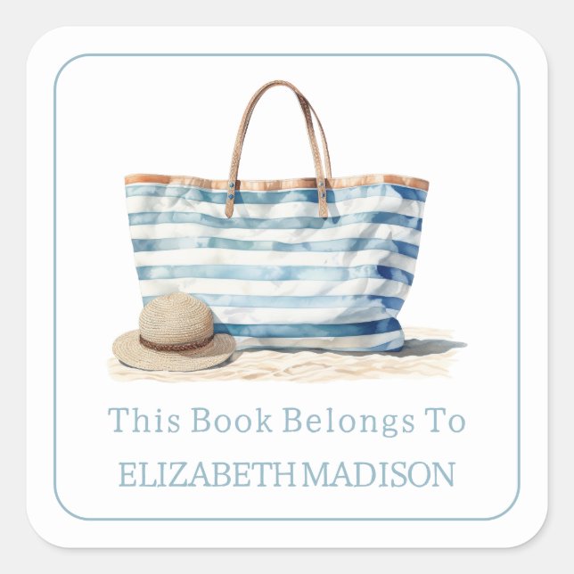 Tasche Buchzeichen Coastal Blue and White Strip Quadratischer Aufkleber (Vorderseite)