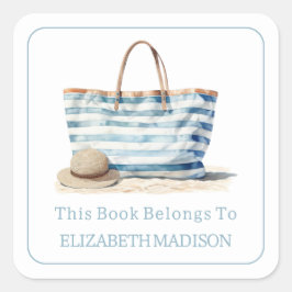 Tasche Buchzeichen Coastal Blue and White Strip Quadratischer Aufkleber