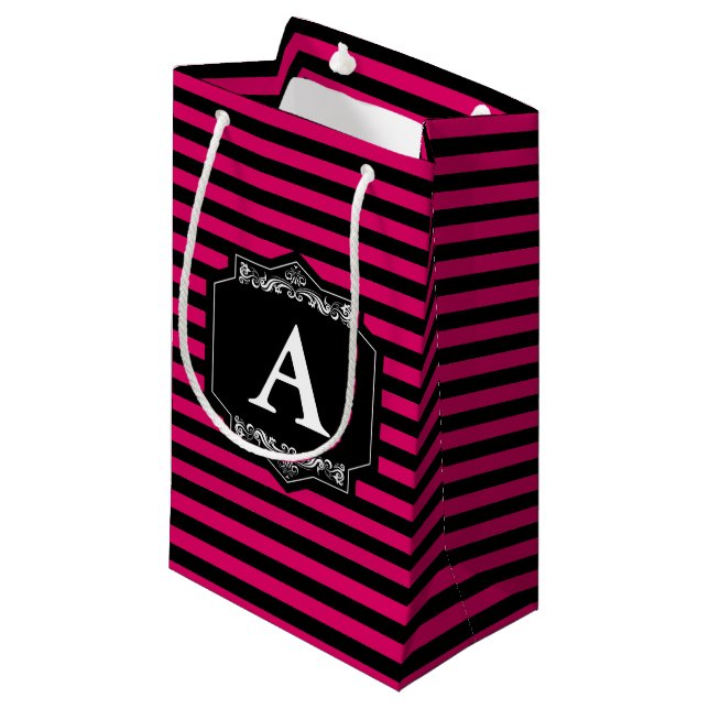 Tasche Geschenke Streifen Pink Monogramm Kleine Geschenktüte (Vorderseite Schrägansicht)