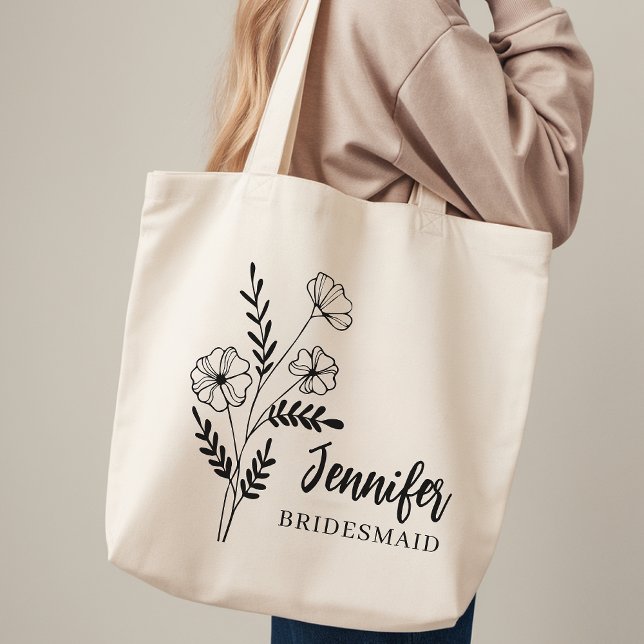 Tasche mit individuellem Blumenmuster als Geschenk (Floral Wedding Tote Bag for Bride Squad, Personalized  Minimalist Floral Bridesmaid Tote bag for her)