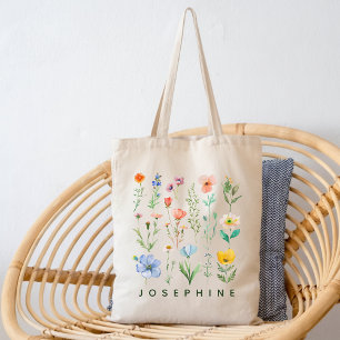 Tasche mit individuellem Wasserfarben-Wildblumen-M