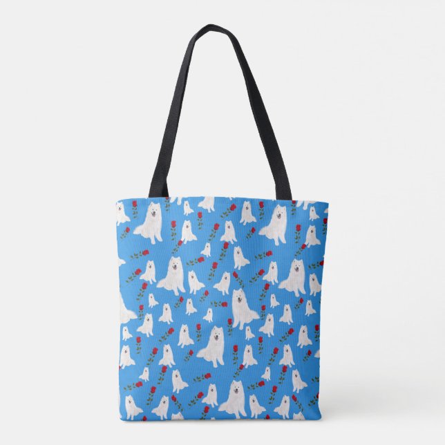 Tasche mit Samoyeds auf Sky Blue. (Rückseite)