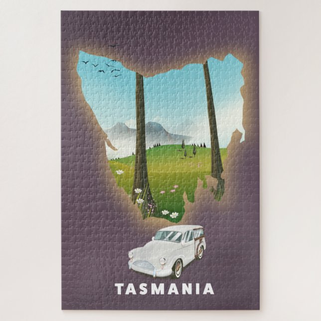 Tasmania illustrated map travel poster. (Vertikal)