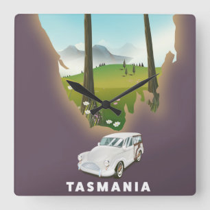 Tasmanien illustrierte Reisekarte Poster. Quadratische Wanduhr