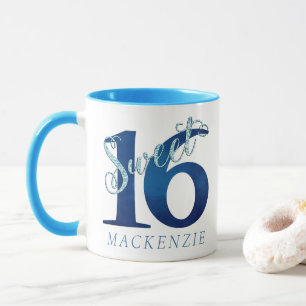 Tasse 16 ans   Aquarelle bleue et Faux Parties scintilla