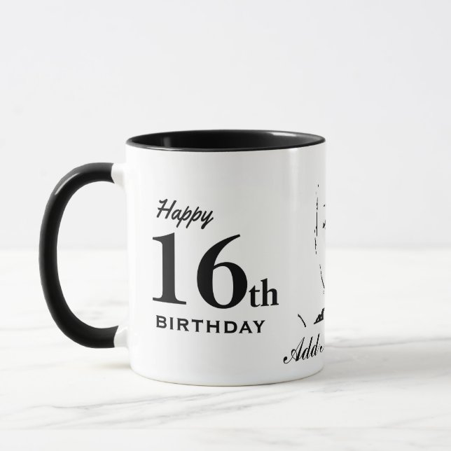 Tasse 16e anniversaire Sweet 16 typographie noir blanc (Gauche)