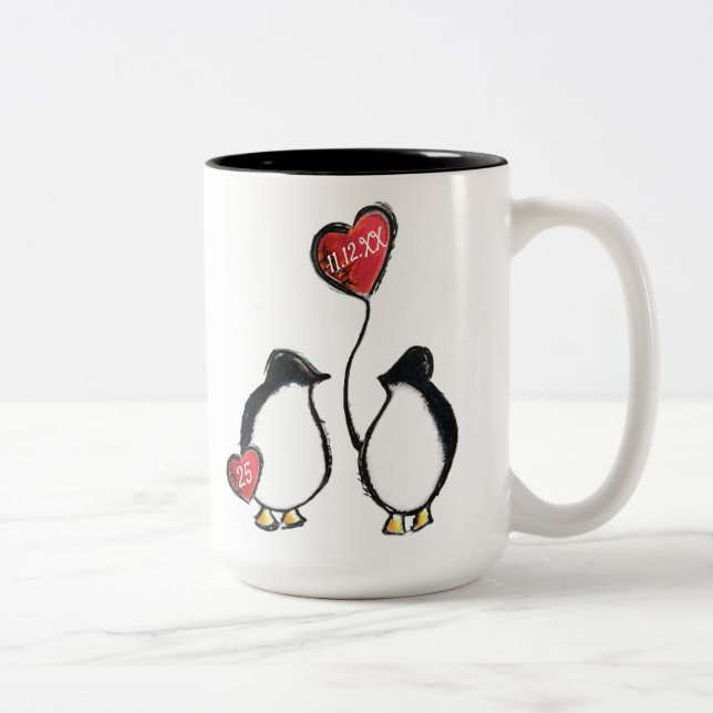 Tasse 2 Couleurs 25e anniversaire mariage d'argent pingouin (Droit)