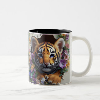 Tasse 2 Couleurs Adorable Tiger Cub À Travers Floral Coloré