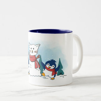 Tasse 2 Couleurs Adorables manchots construisant un chat de neige d