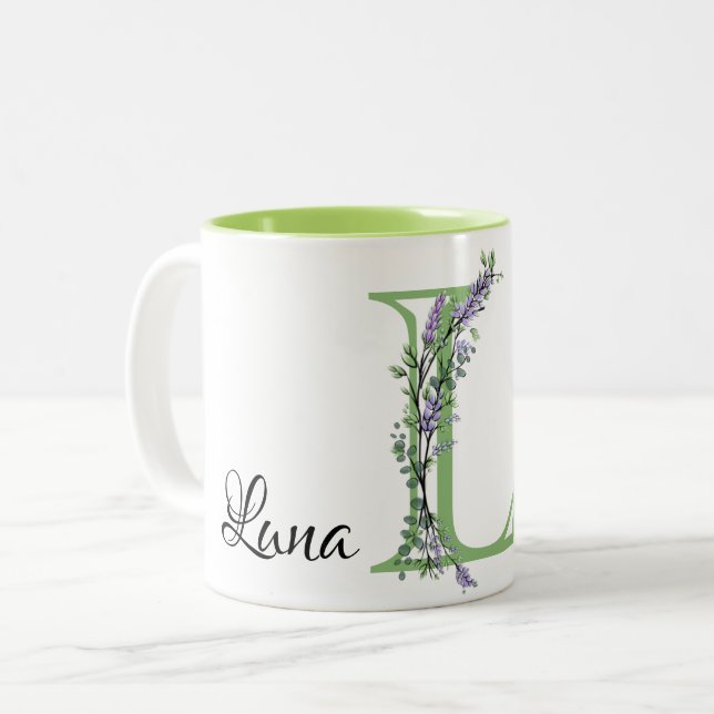 Tasse 2 Couleurs Alphabet lettre L, aquarelle Lavande botanique (Devant gauche)