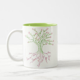 Tasse 2 Couleurs Amour Arbre de Vie Art Blanc Vert Coeurs roses mig
