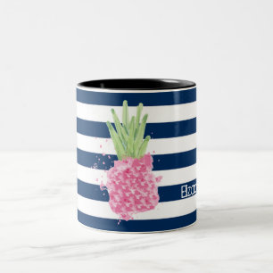 Tasse 2 Couleurs Ananas Aquarelle Tropical ,Rayures Bleu Marine 