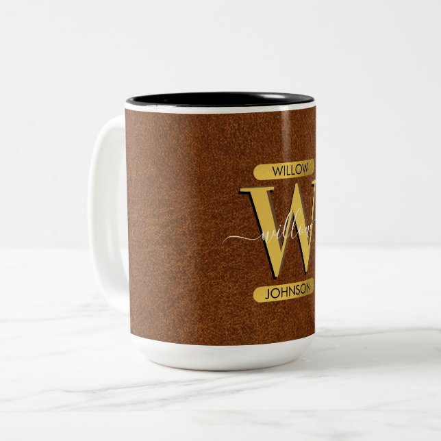 Tasse 2 Couleurs Antique Faux Cuir & Or Monogramme (Devant gauche)