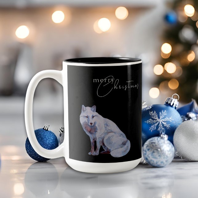 Tasse 2 Couleurs Aquarelle Arctic Fox Joyeux Noël noir (Créateur téléchargé)