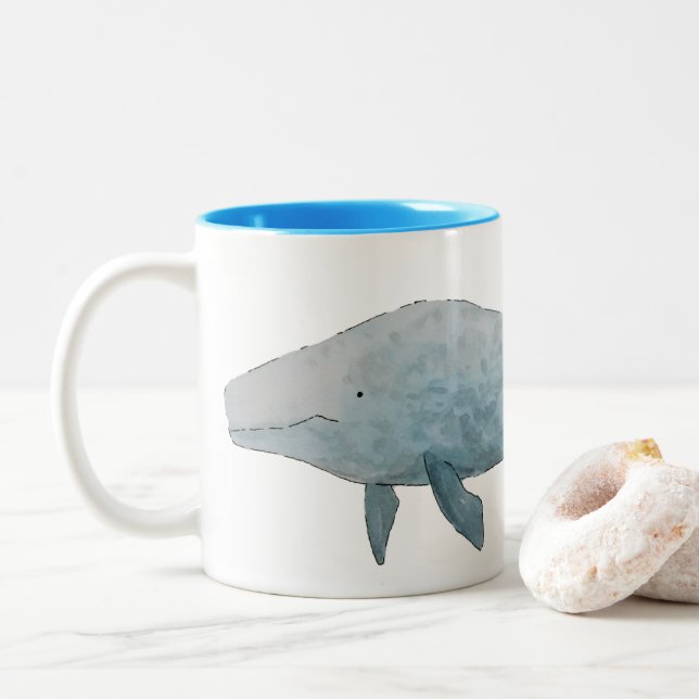 Tasse 2 Couleurs Aquarelle artistique Baleine bleue (Avec donut)